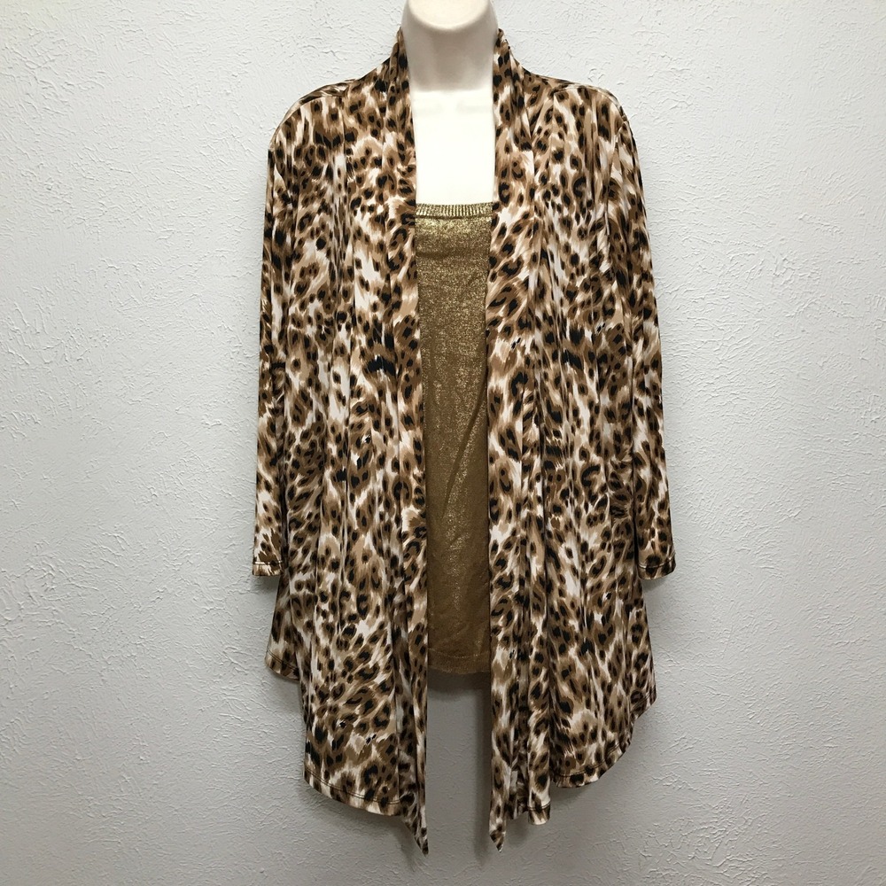 Peter Nygard 2pc Set Womens 1X Brown Gold Leopard Print Cardigan Tank Shimmer